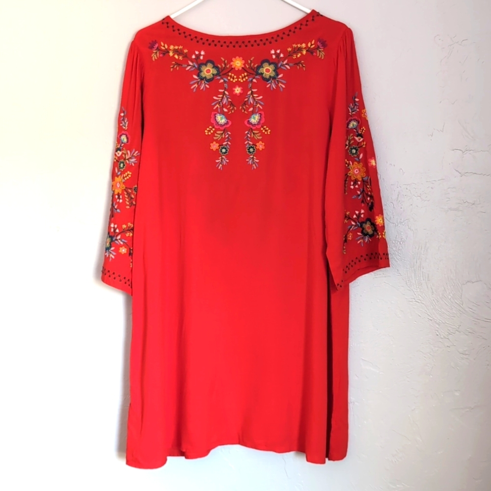 Umgee Red Peasant Embroidered Tunic Top Mini Dress Women's Size Small - Picture 2 of 9